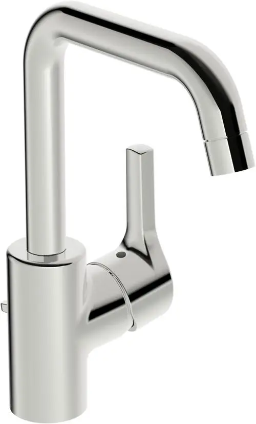 Einhebelmischer in Chromoptik von HANSA mit einem geraden Auslauf. Bedienhebel an der Vorderseite zur Regelung von Wasser und Temperatur.